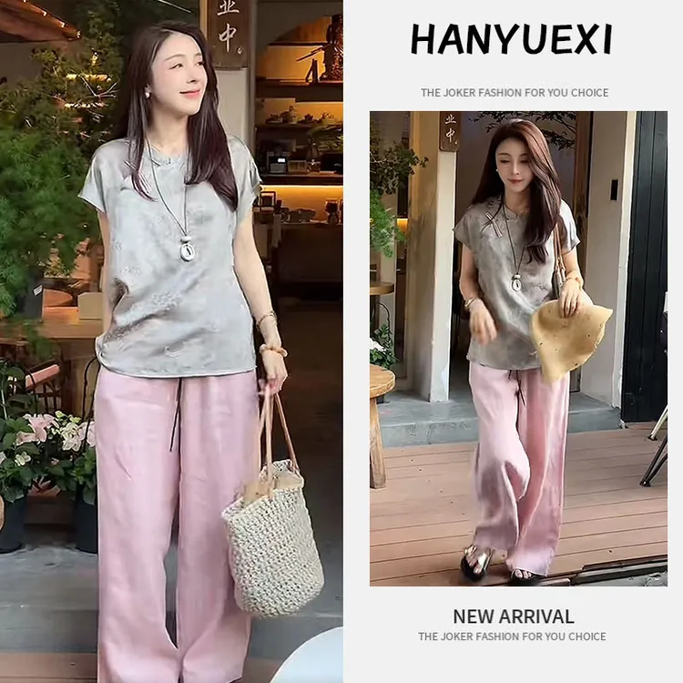【现货】流行穿搭一整套2025新款新中式国风短袖阔腿裤休闲两件套
