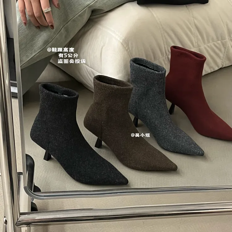 2025冬季新款法式小众呢料时装高跟靴时尚百搭尖头弹力瘦瘦靴加绒