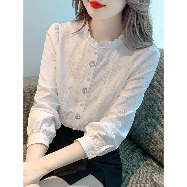 100%纯棉 法式立领衬衫女设计感小众春秋2025新款遮肚打底衫上衣