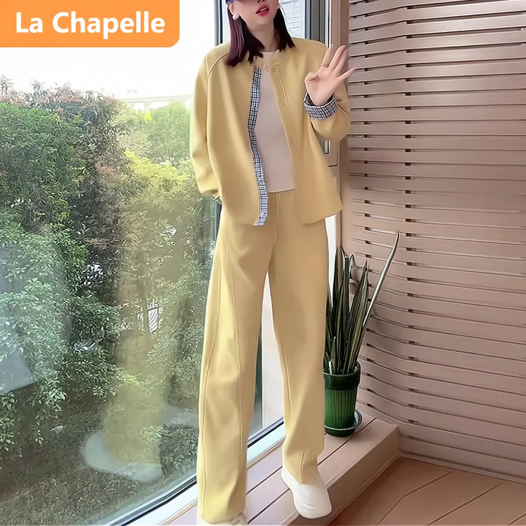 拉夏贝尔复古风时髦休闲套装春秋潮流格子拼接长袖黄色卫衣两件套