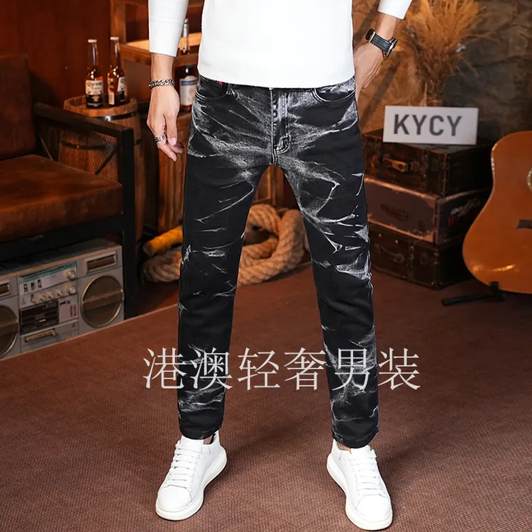 高端潮流渐变黑色修身牛仔裤男士秋季2025爆款韩版痞帅小直筒裤子