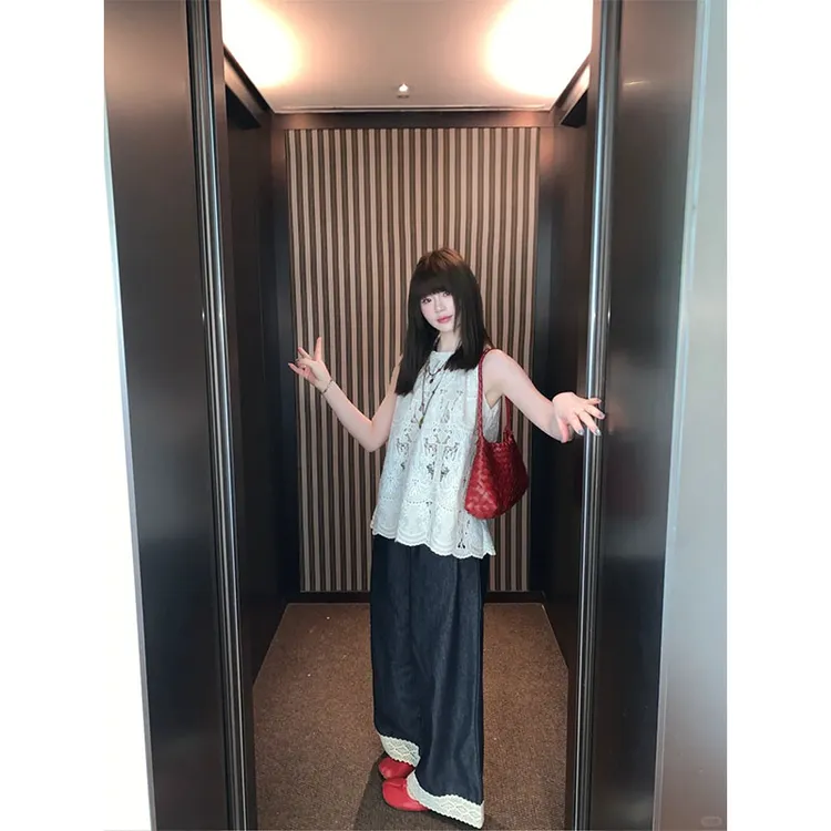 夏季新款修身显瘦设计感蕾丝印花无袖上衣设计感慵懒风宽松长裤女