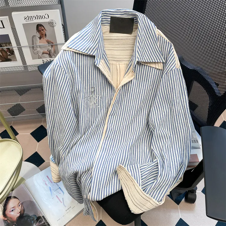 韩系街头假两件拼接蓝色条纹衬衫男大码300斤春季设计感上衣外套2