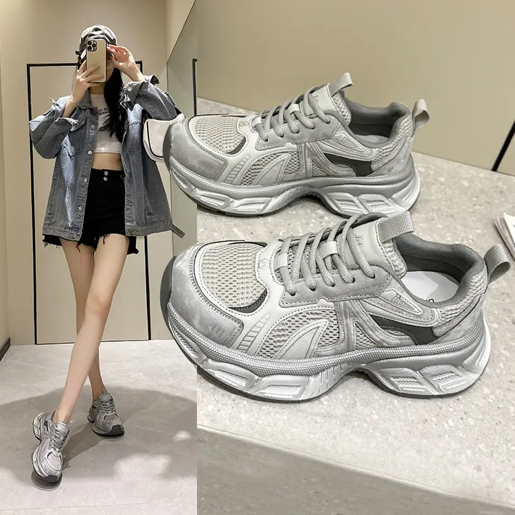 2025春夏新品真皮老爹鞋女韩版厚底拼色运动鞋女网面运动休闲鞋潮