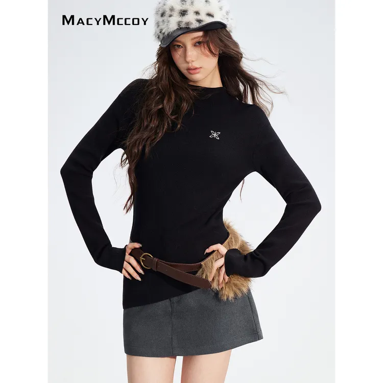 MacyMccoy不规则针织打底女冬季设计感高弹力软糯亲肤半高领上衣