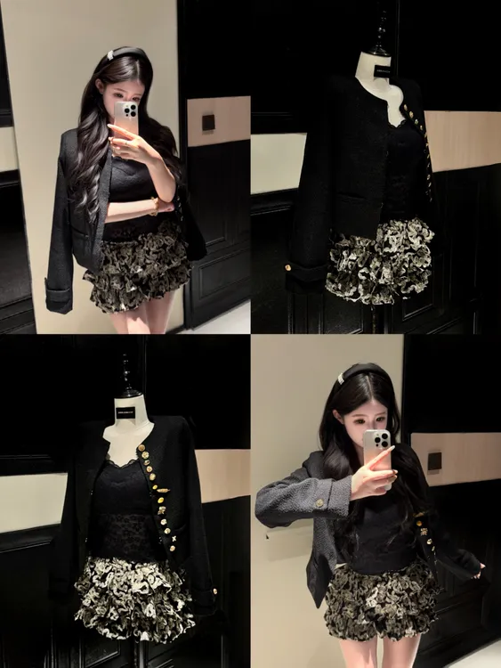 YCCHEN【黑金香香】法式小香设计感重工扣黑色千金短外套