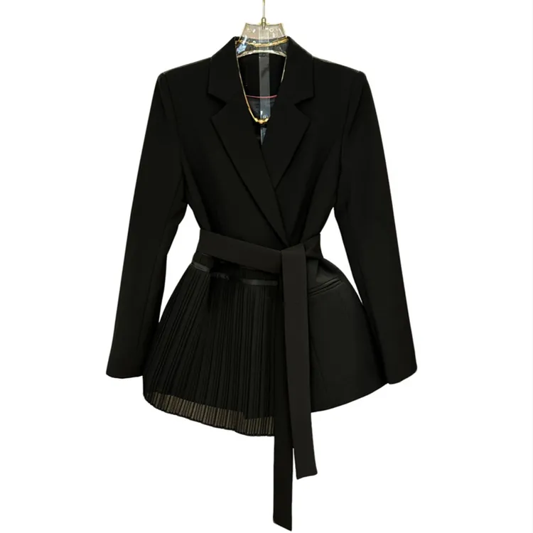 高级感轻奢气质网纱拼接西装外套女2025春季新款收腰系带休闲西服