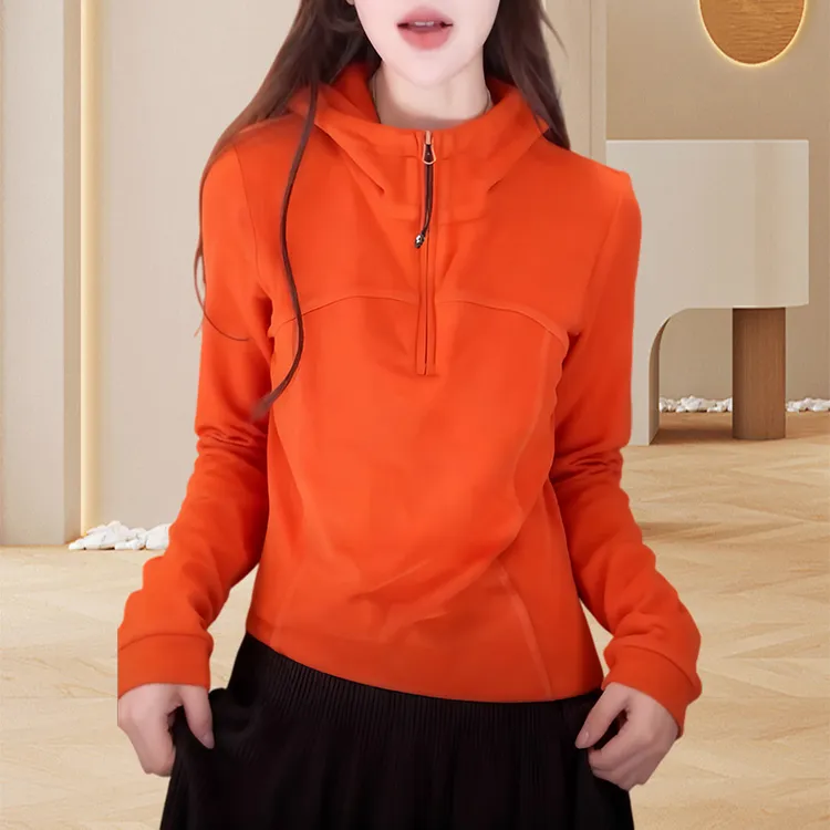 小个子慵懒风半拉链连帽T恤女2025秋冬季新款高级感百搭显瘦内搭