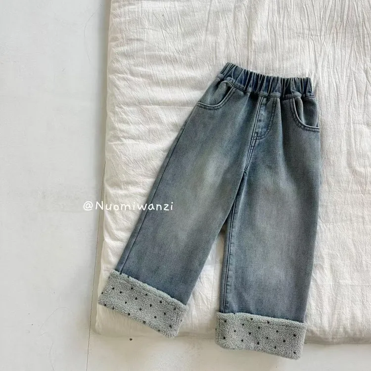 丸子十【YS】儿童韩系百搭裤腿毛边加绒牛仔裤（秋冬款）WZJ-54051