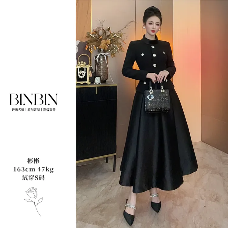 【中古千金】秋冬法式连衣裙黑色高腰显瘦气质长裙假两件赫本风裙子
