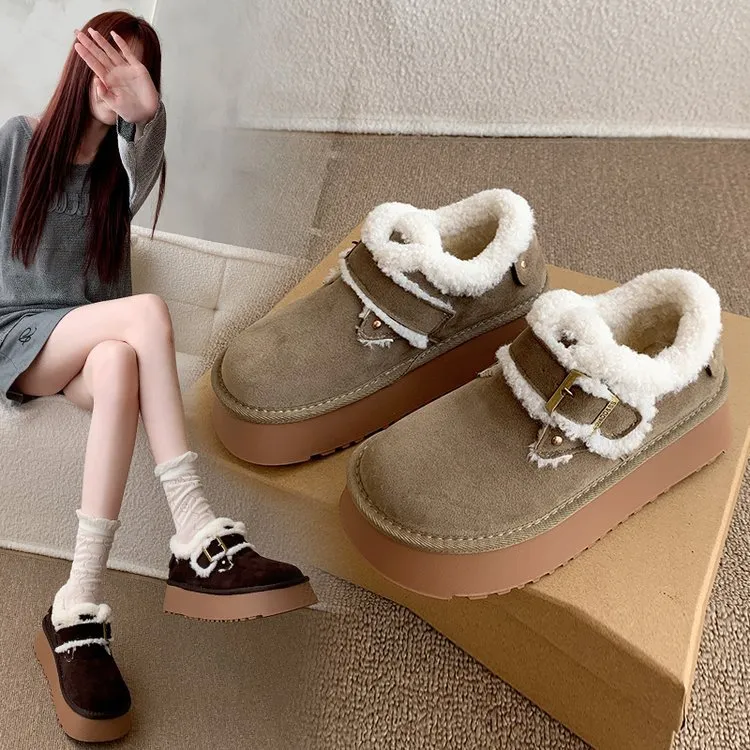 毛毛雪地靴女2025秋冬季新款厚底一脚蹬低帮面包女鞋加绒百搭棉鞋