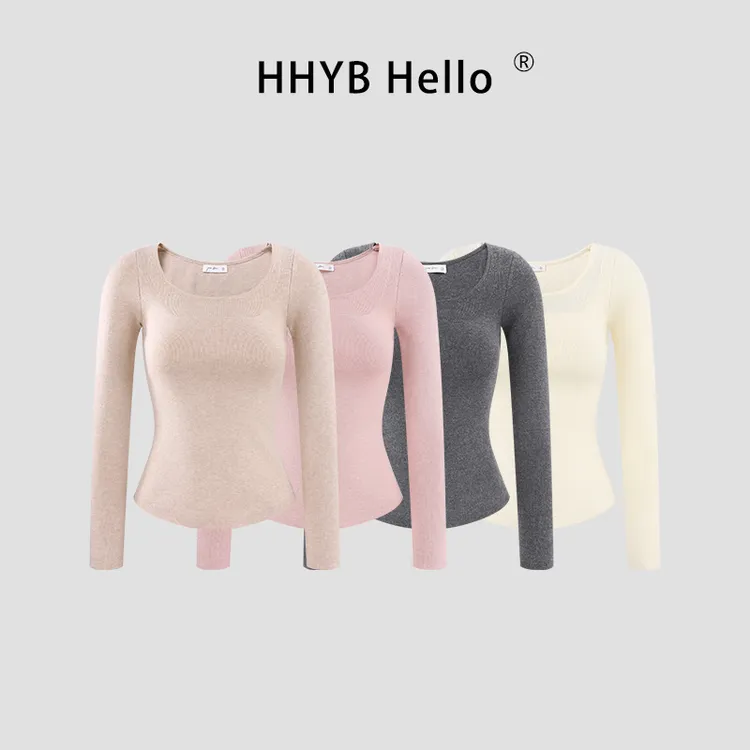 HHYB Hello大U领长袖针织衫女修身打底衫温柔毛衣内搭上衣M1690