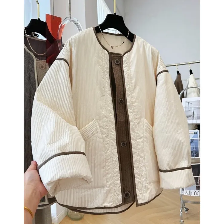 02708拼接撞色夹棉高端圆领休闲外套女秋冬超好看轻薄款棉服棉衣