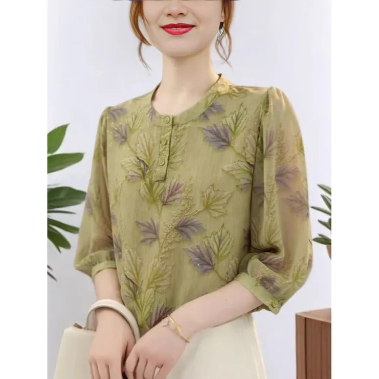 夏季新款七分袖印花衬衫宽松显瘦气质百搭妈妈上衣洋气文艺复古