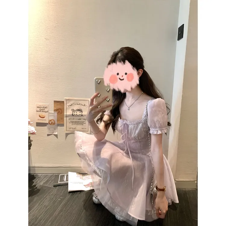 中长款方领短袖收腰a字连衣裙女夏季法式复古千金风裙子