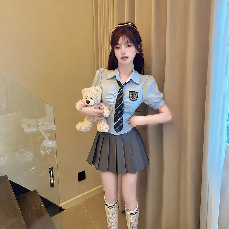 2025新款jk制服套装女夏季学院风纯欲短款衬衫高腰半身短裙两件套