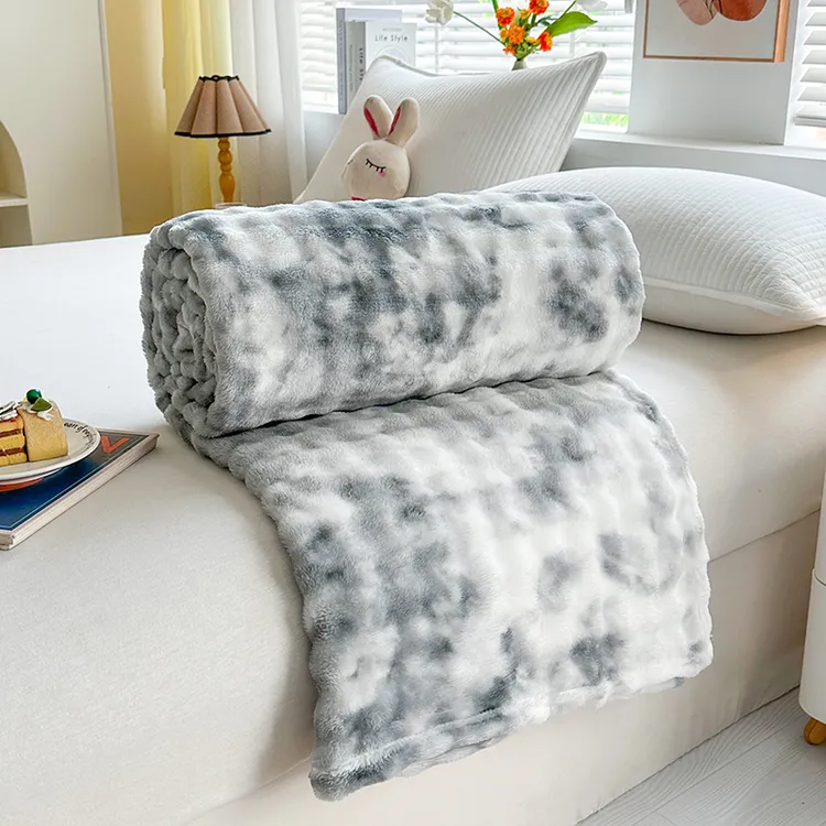 沙发盖毯办公室加厚保暖ins风扎染毛毯秋冬泡泡绒扎染毛毯长毛绒
