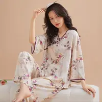 新中式秋季新款绵绸睡衣盘扣七分袖长裤国风家居服套装