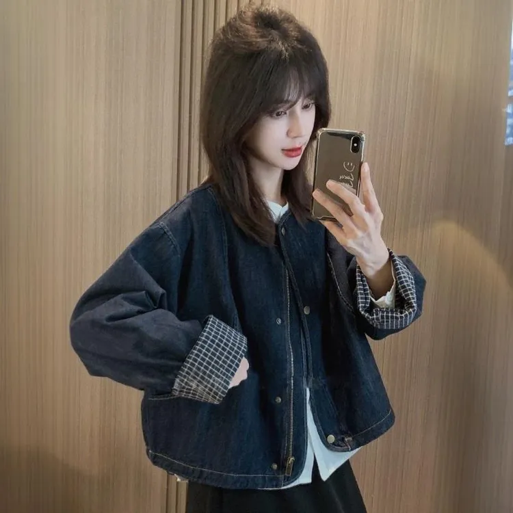 宽松休闲圆领复古韩版牛仔外套女2025春季新款格子袖口百搭上衣