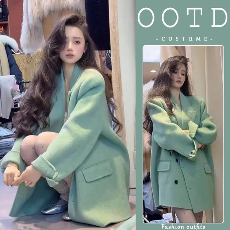 绿色西服领毛呢外套女2025春秋新款爆款独特漂亮小个子超好看上衣