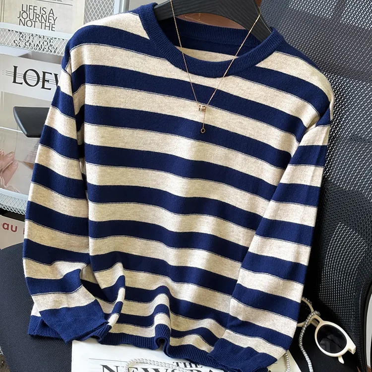 秋冬条纹女上衣毛衣宽松圆领套头减龄内搭针织打底55261