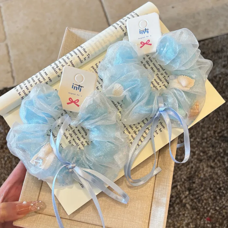 蓝色细闪网纱贝壳海螺丝带大肠发圈甜美少女高级感ins风发圈发饰