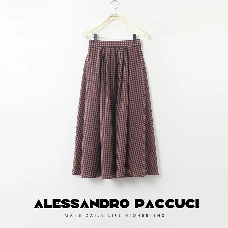 AP洛哥25969X棉混纺小格子灵动中长款时尚百搭气质伞裙半身裙