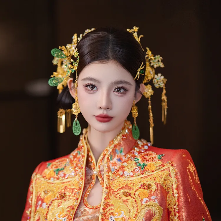 合金婚庆饰品 中式新娘金绿色复古蝴蝶发钗结婚秀禾服头饰MT0188