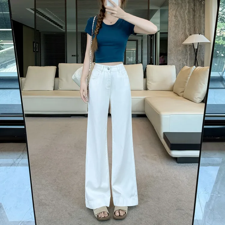 小个子天丝白色牛仔裤女夏季薄款2025新款莱赛尔高腰垂坠感直筒