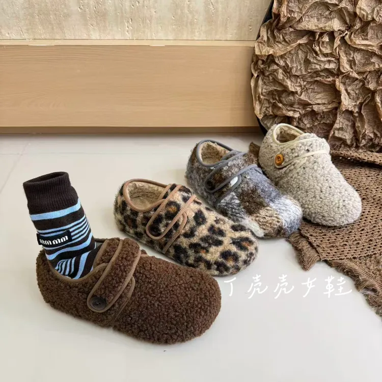 秋冬毛毛勃肯鞋厚底加绒全包韩版复古魔术贴豹纹格纹灰色琥珀流光