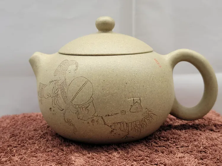 《西施》壶黄龙山原矿本山绿泥工艺美术师刘卫红手工制作潘雪锋刻绘