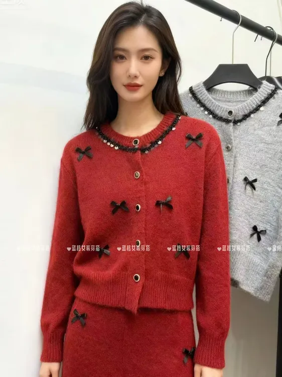 小香风气质显瘦蝴蝶结毛衣开衫女冬季新款温柔风甜美百搭短款上衣