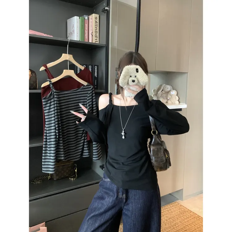 2025秋季新款胖mm大码收腰显瘦纯欲风别致露肩条纹长袖T恤女80348