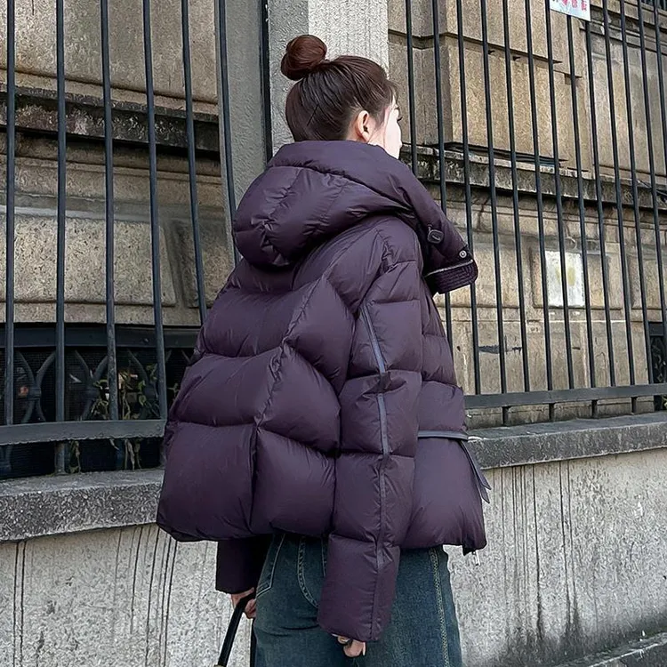 鹿珞泡芙羽绒服女短款冬新款小个子连帽宽松面包服白鸭绒外套加厚