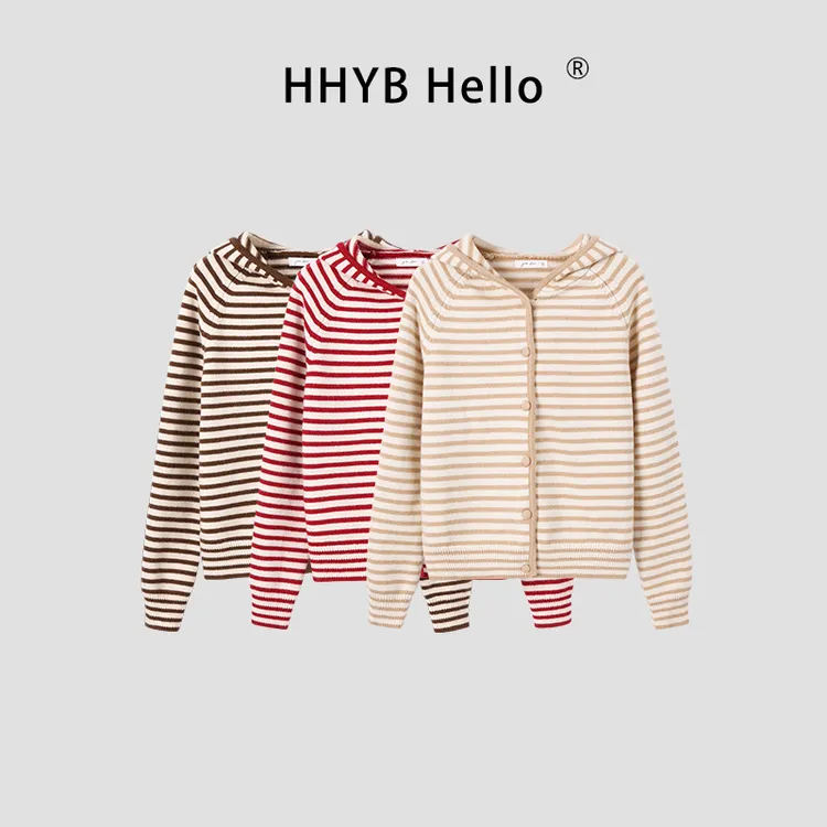 HHYB Hello2025秋韩式新款少女感条纹连帽针织毛衣外套女M1374