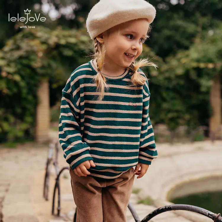 lelejove秋季儿童撞色条纹毛巾棉卫衣女宝吸湿排汗长袖T5AW36300