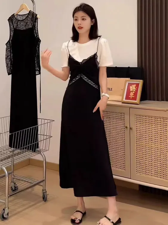 大码设计感假两件拼接短袖连衣裙女夏季胖mm收腰梨形身材显瘦裙子