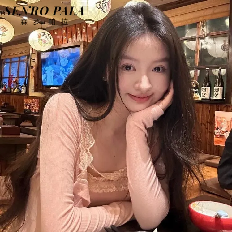 纯欲气质修身显瘦长袖开衫上衣蕾丝性感辣妹吊带背心两件套女秋季