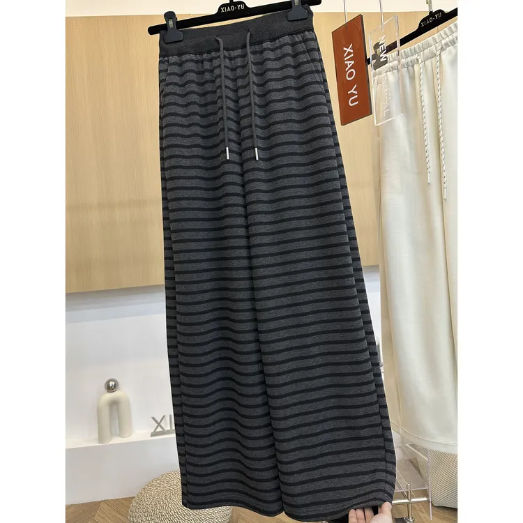 加绒加厚秋新款高级感时尚慵懒条纹拼色抽绳松紧宽松直筒休闲裤女