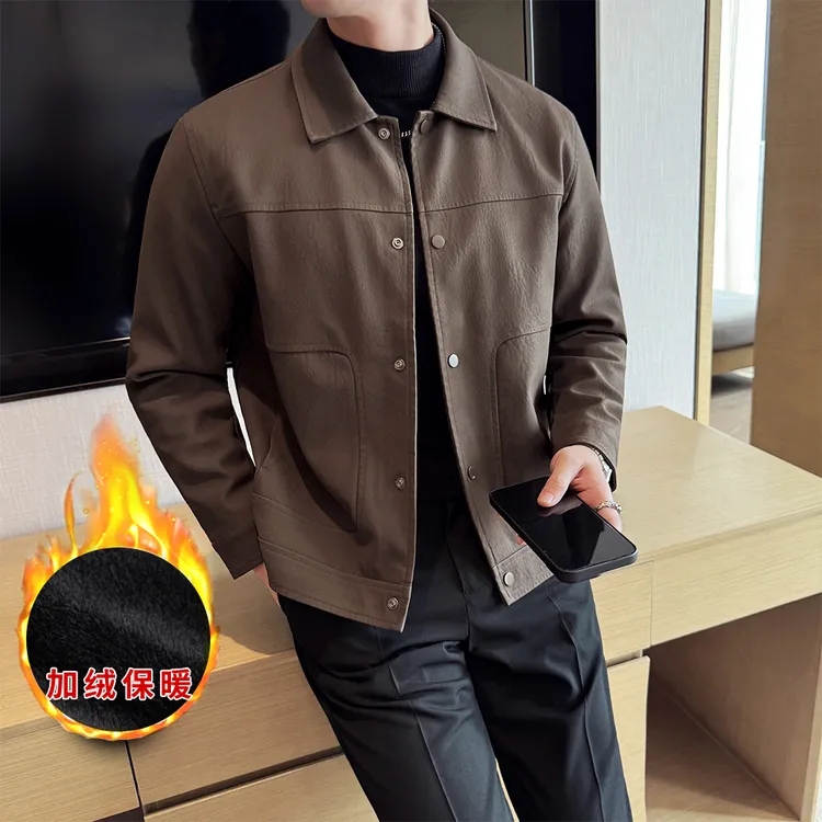 男士外套秋季加厚韩版修身翻领夹克衫男加绒潮流上衣休闲皮衣男