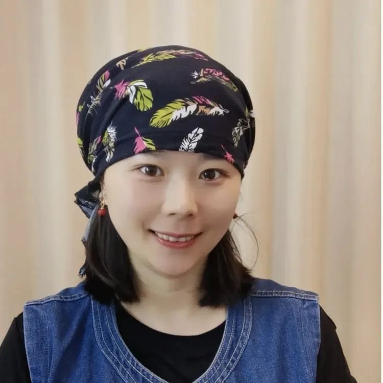 时尚弹力棉包头帽女韩版遮白发帽子春夏新款薄款网红中老年飘带帽