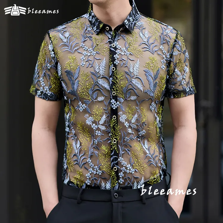 bleeames香港轻奢高端男士短袖衬衫夏季印花镂空时尚潮流休闲衬衣
