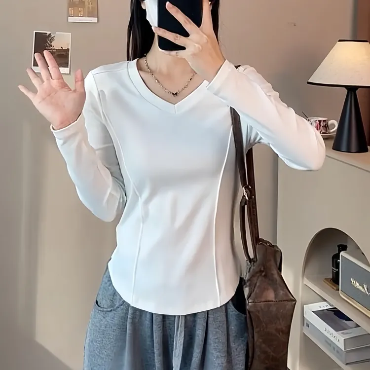 白色V领鱼骨长袖t恤女春秋内搭弧形下摆打底衫修身正肩显瘦上衣潮