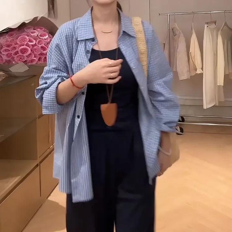 复古蓝格~欧若风韩系清新衬衣宽松休闲翻领排扣简约衬衫LK2501945