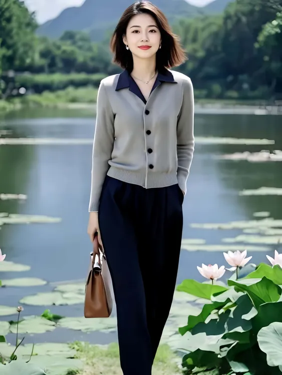 韩系2025早秋气质翻领设计百搭撞色时尚针织衫+松紧后腰九分裤子