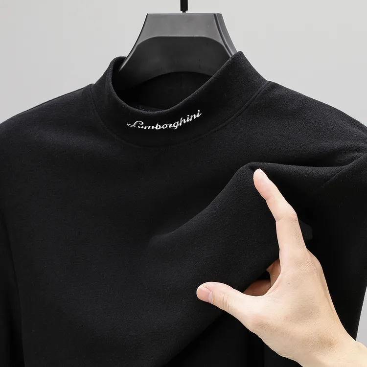 BOY NORMAN高档刺绣德绒长袖T恤男士秋冬保暖半高领纯色休闲内搭