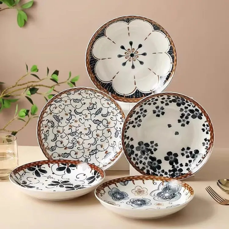 8英寸藤编陶瓷盘子家用吃饭盘新款釉下彩食品级菜碟子六色混装碟