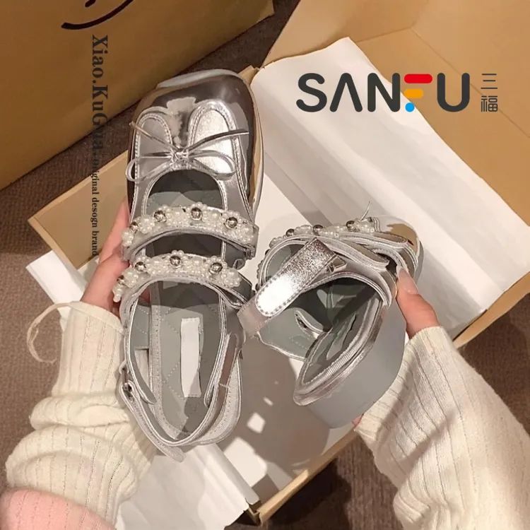 三福蝴蝶结珍珠凉鞋女夏2025新款配裙子包头凉鞋百搭平底玛丽珍鞋