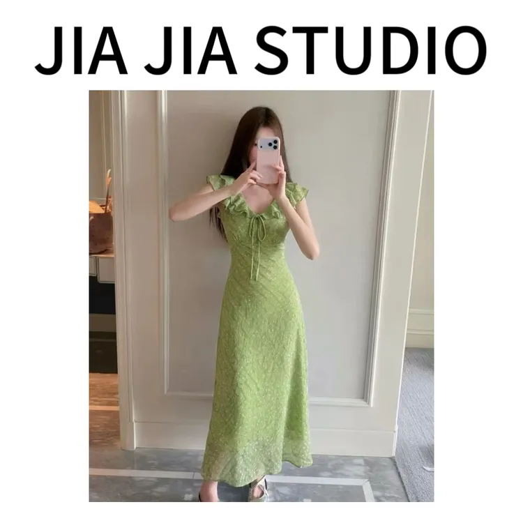 【嘉嘉推荐】#8616夏季新款法式优雅碎花荷叶边收腰 显瘦连衣裙
