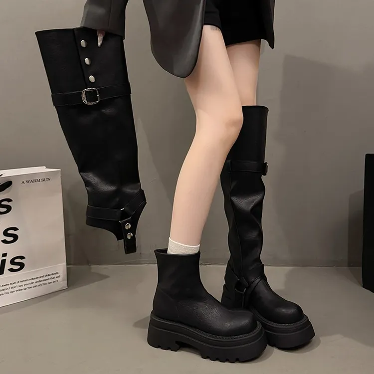 皮带扣高筒靴女两穿可拆卸靴筒厚底增高加绒马丁靴显瘦长筒骑士靴
